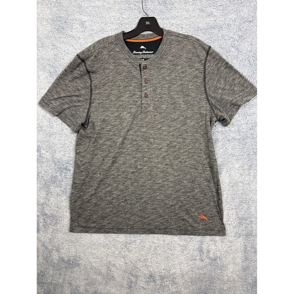 Tommy Bahama Mens Gray Slub Knit Short Sleeve Henley Shirt Medium 9411